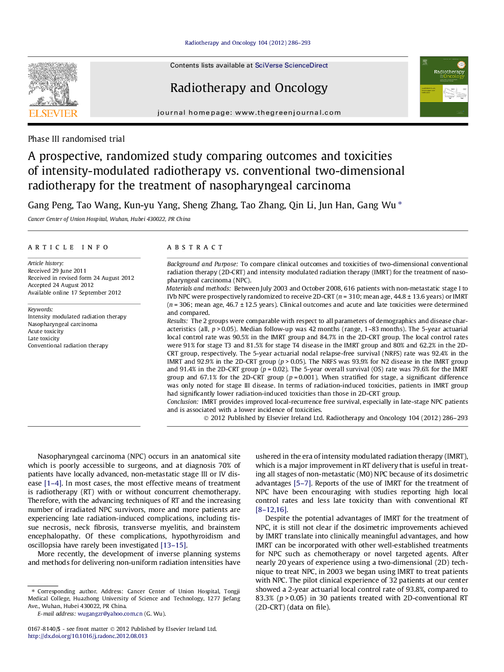 A prospective, randomized study comparing outcomes and toxicities of intensity-modulated radiotherapy vs. conventional two-dimensional radiotherapy for the treatment of nasopharyngeal carcinoma