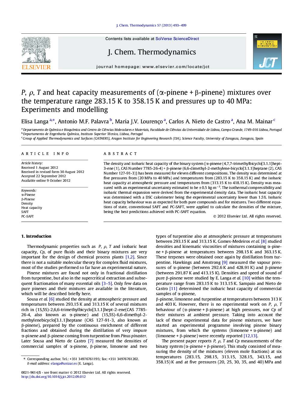 P, ρ, T and heat capacity measurements of (α-pinene + β-pinene) mixtures over the temperature range 283.15 K to 358.15 K and pressures up to 40 MPa: Experiments and modelling