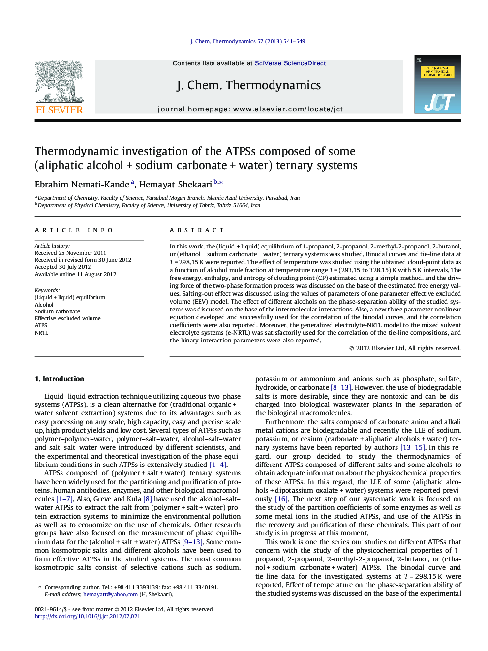 Thermodynamic investigation of the ATPSs composed of some (aliphatic alcohol + sodium carbonate + water) ternary systems