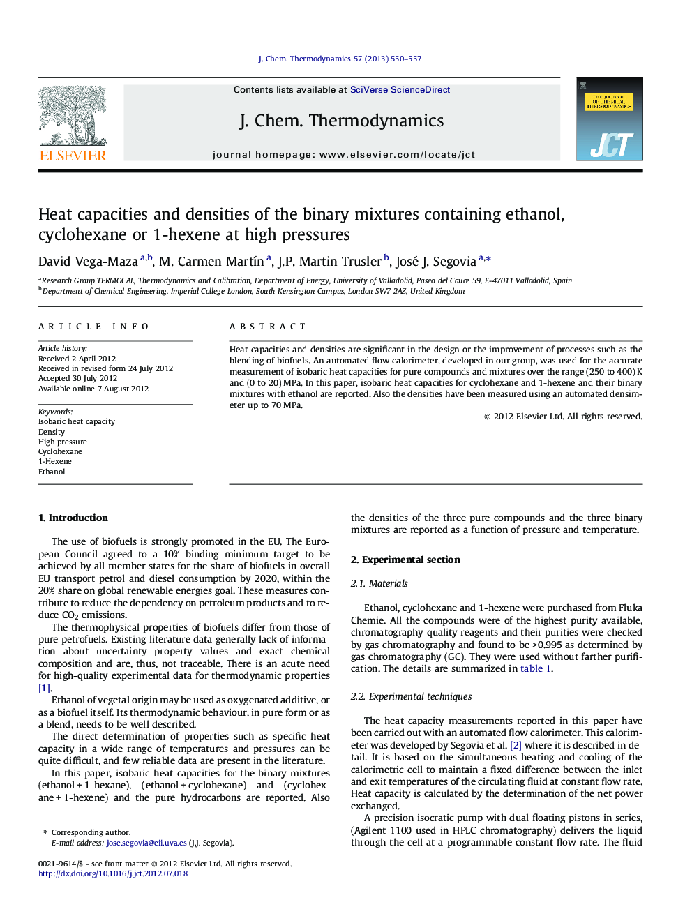 Heat capacities and densities of the binary mixtures containing ethanol, cyclohexane or 1-hexene at high pressures