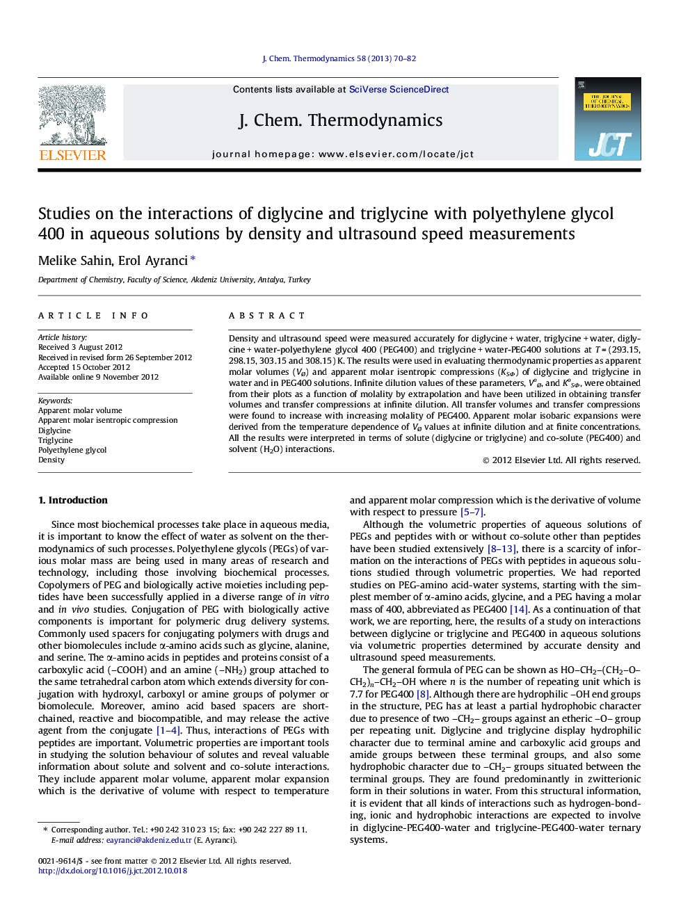 Studies on the interactions of diglycine and triglycine with polyethylene glycol 400 in aqueous solutions by density and ultrasound speed measurements