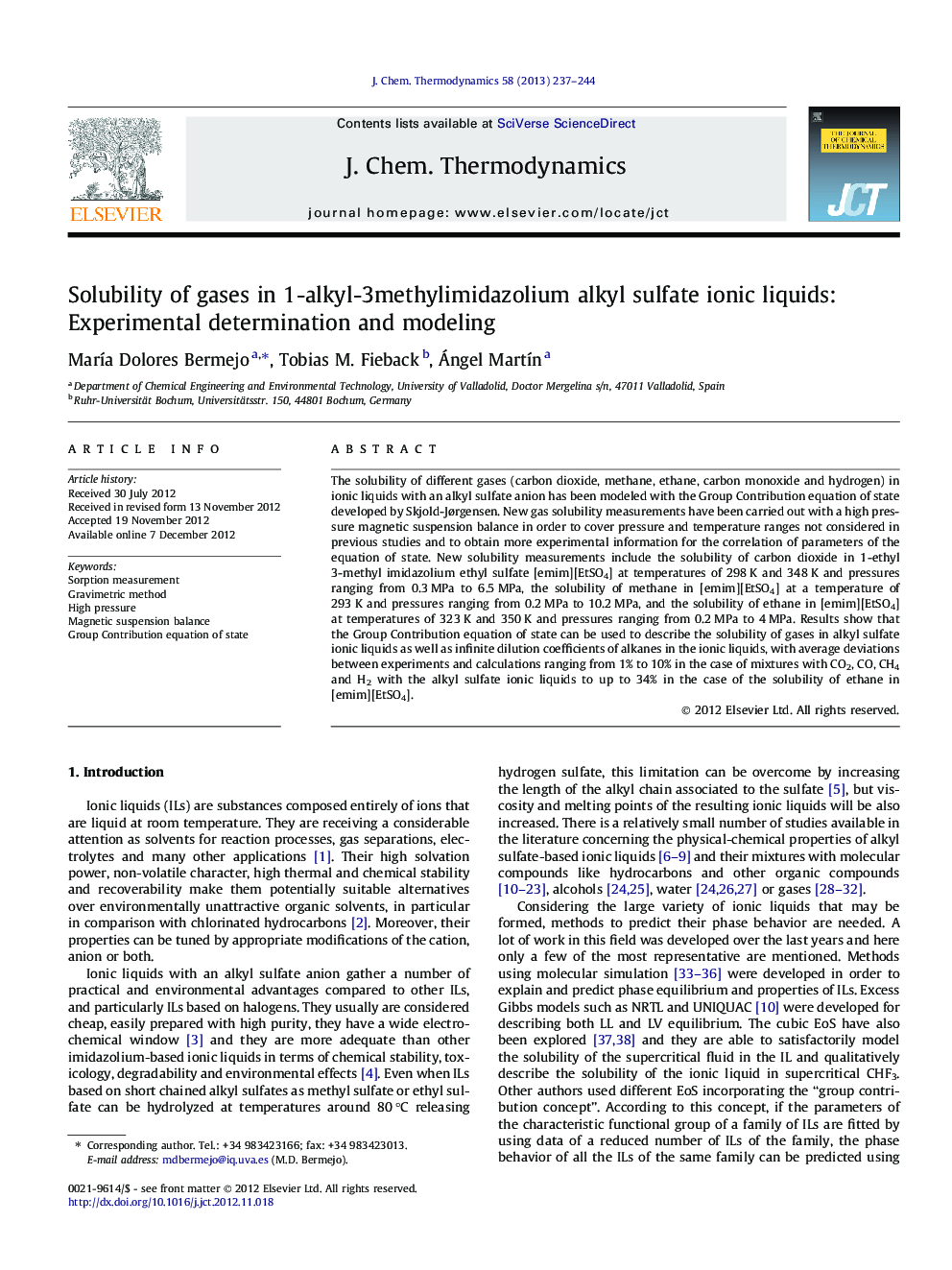 Solubility of gases in 1-alkyl-3methylimidazolium alkyl sulfate ionic liquids: Experimental determination and modeling