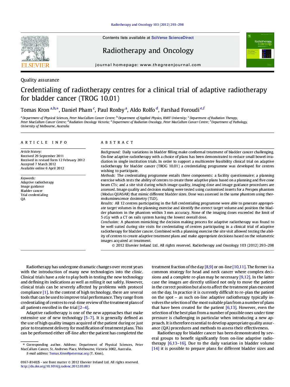 Credentialing of radiotherapy centres for a clinical trial of adaptive radiotherapy for bladder cancer (TROG 10.01)