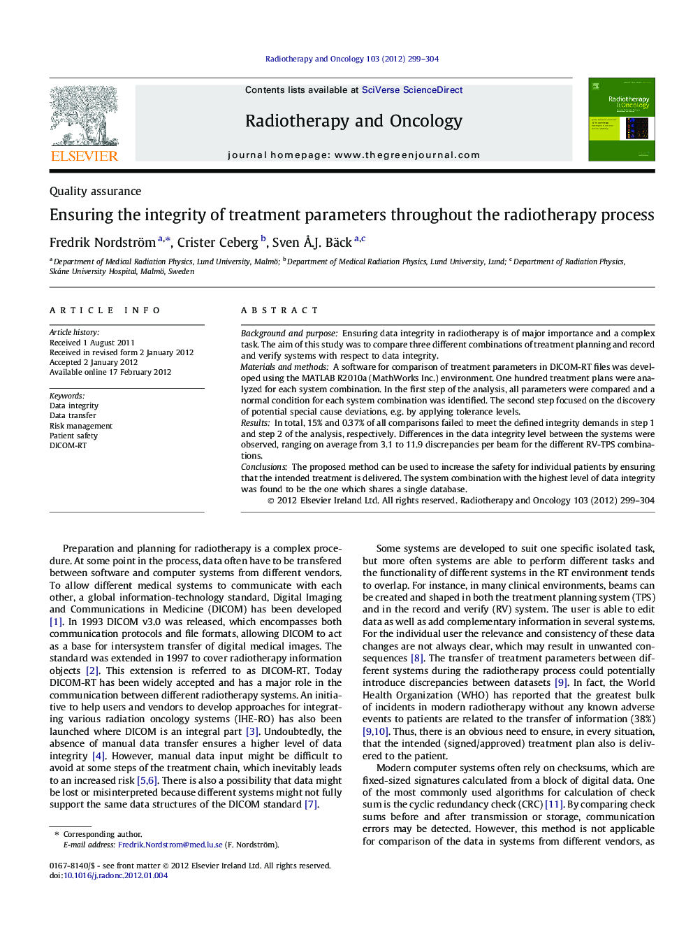 Ensuring the integrity of treatment parameters throughout the radiotherapy process