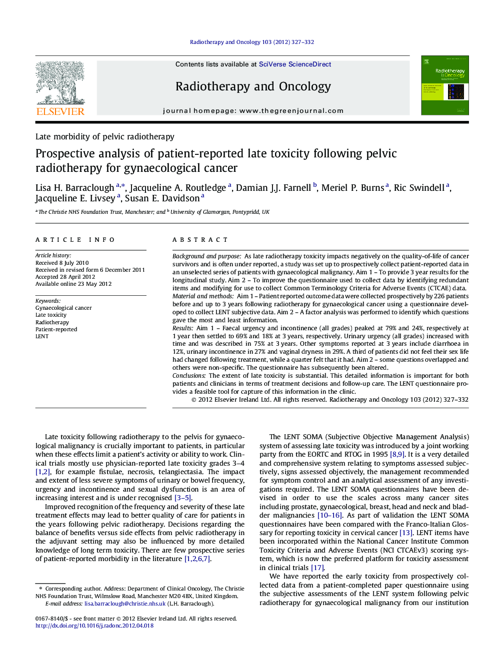 Prospective analysis of patient-reported late toxicity following pelvic radiotherapy for gynaecological cancer