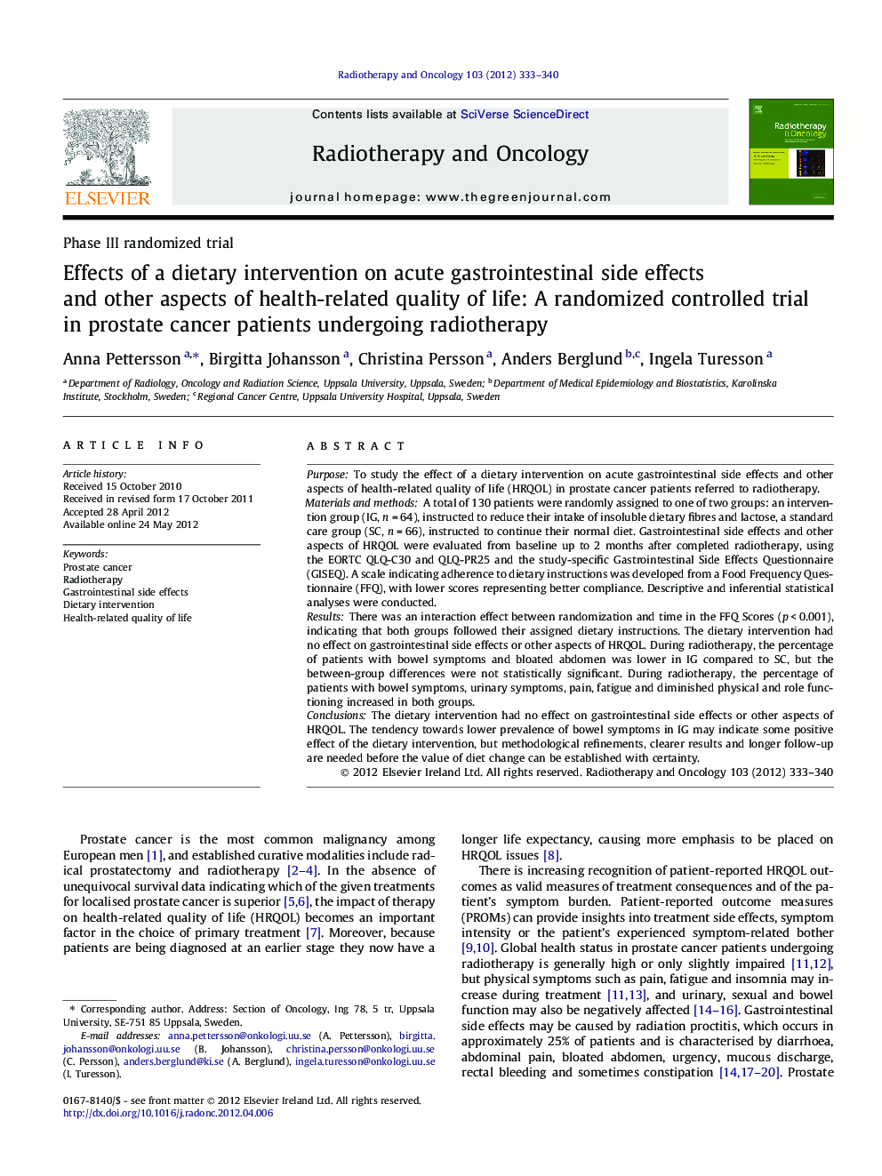 Effects of a dietary intervention on acute gastrointestinal side effects and other aspects of health-related quality of life: A randomized controlled trial in prostate cancer patients undergoing radiotherapy