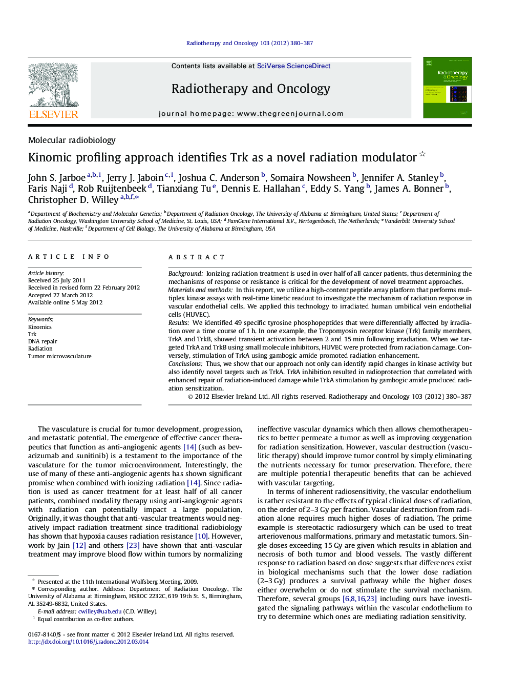 Kinomic profiling approach identifies Trk as a novel radiation modulator 