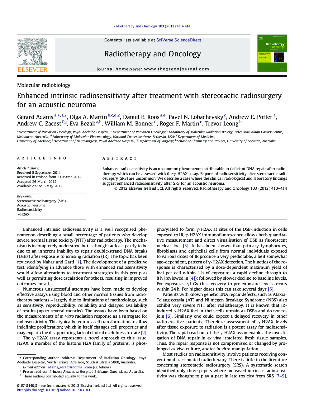 Enhanced intrinsic radiosensitivity after treatment with stereotactic radiosurgery for an acoustic neuroma