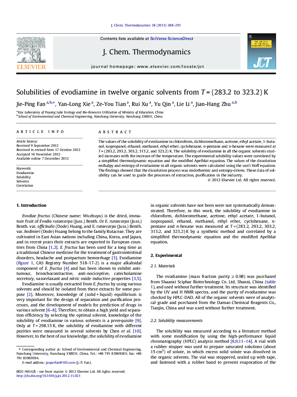 Solubilities of evodiamine in twelve organic solvents from T = (283.2 to 323.2) K