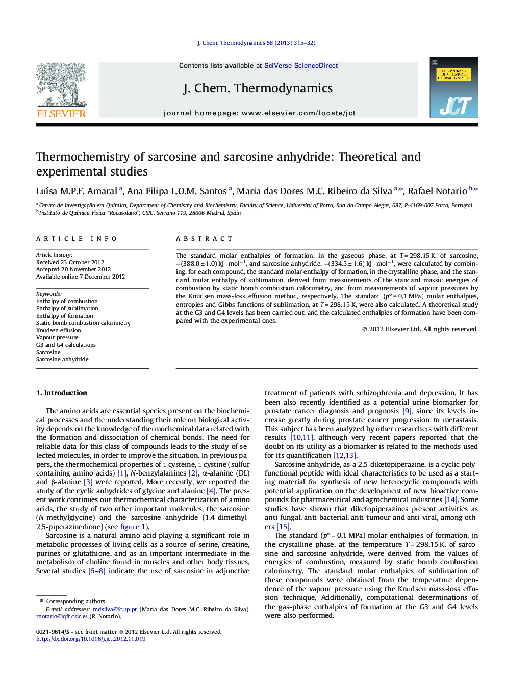 عکس صفحه اول مقاله: Thermochemistry of sarcosine and sarcosine anhydride: Theoretical and experimental studies Thermochemistry of sarcosine and sarcosine anhydride: Theoretical and experimental studies