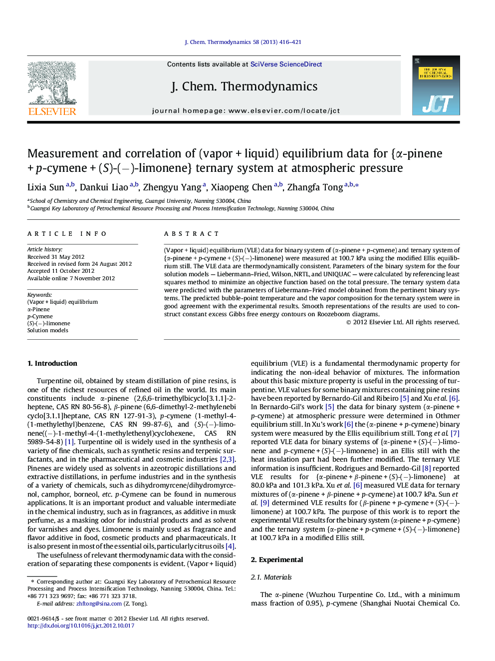 Measurement and correlation of (vapor + liquid) equilibrium data for {α-pinene + p-cymene + (S)-(−)-limonene} ternary system at atmospheric pressure