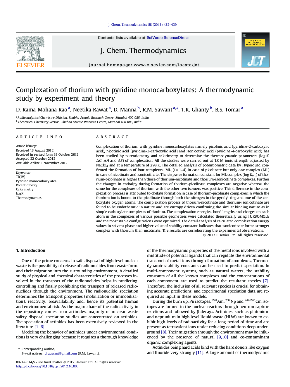 Complexation of thorium with pyridine monocarboxylates: A thermodynamic study by experiment and theory