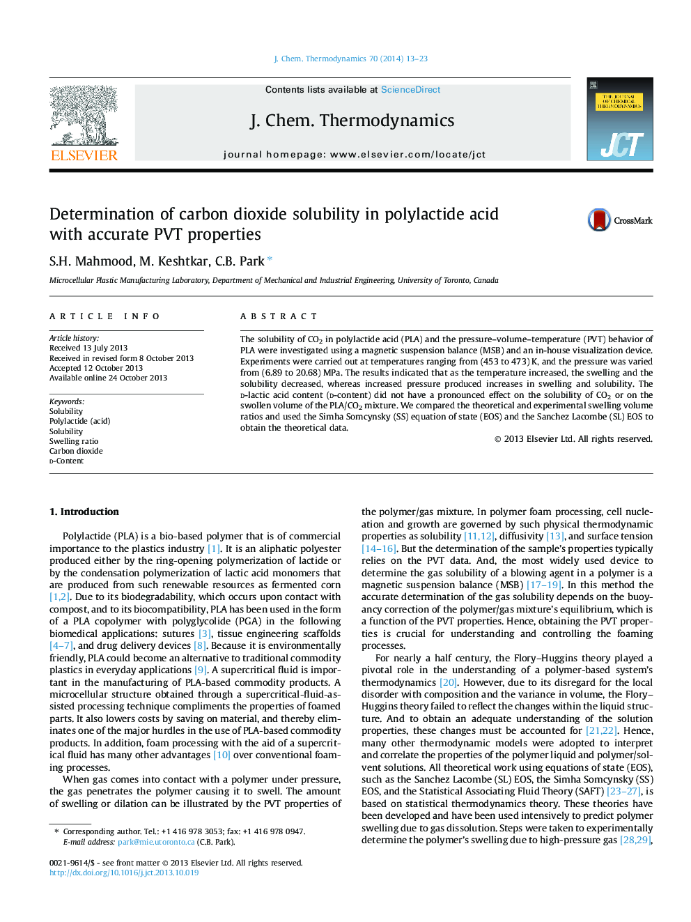 عکس صفحه اول مقاله: Determination of carbon dioxide solubility in polylactide acid with accurate PVT properties Determination of carbon dioxide solubility in polylactide acid with accurate PVT properties