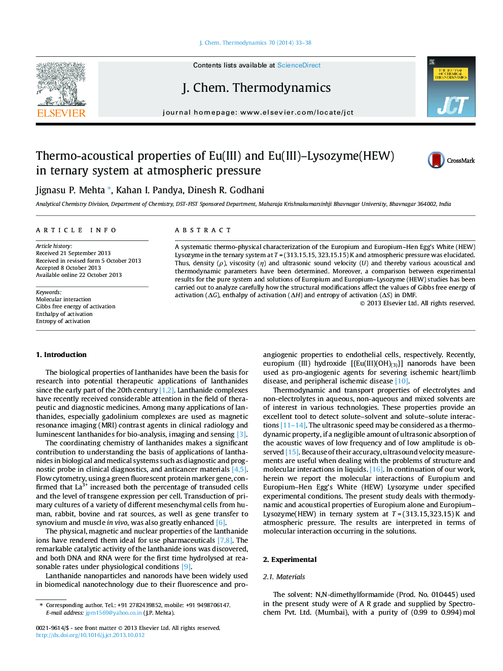 Thermo-acoustical properties of Eu(III) and Eu(III)–Lysozyme(HEW) in ternary system at atmospheric pressure