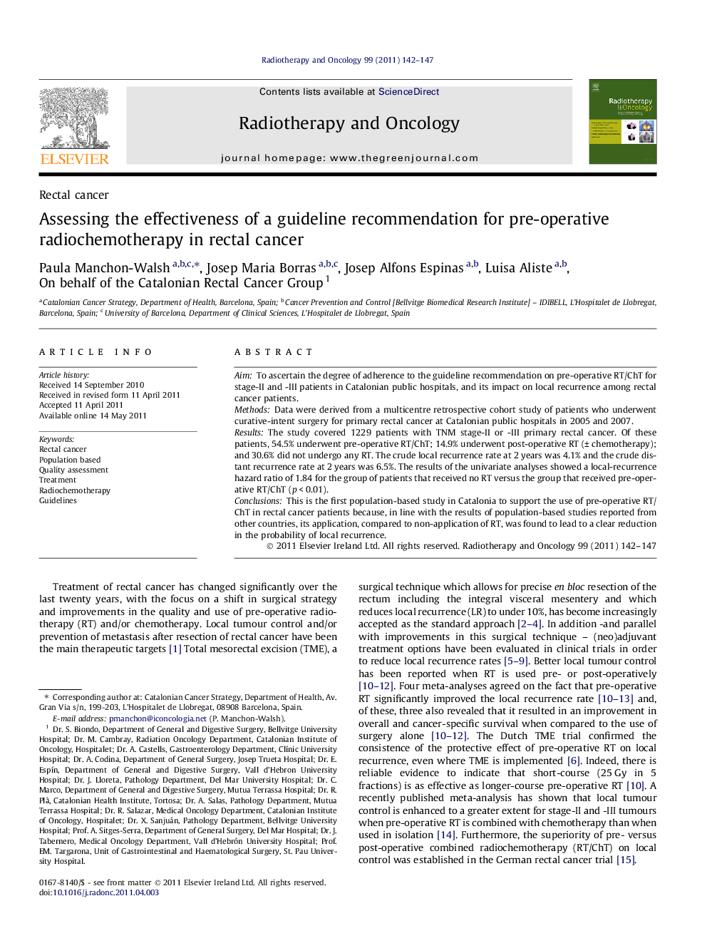 Assessing the effectiveness of a guideline recommendation for pre-operative radiochemotherapy in rectal cancer