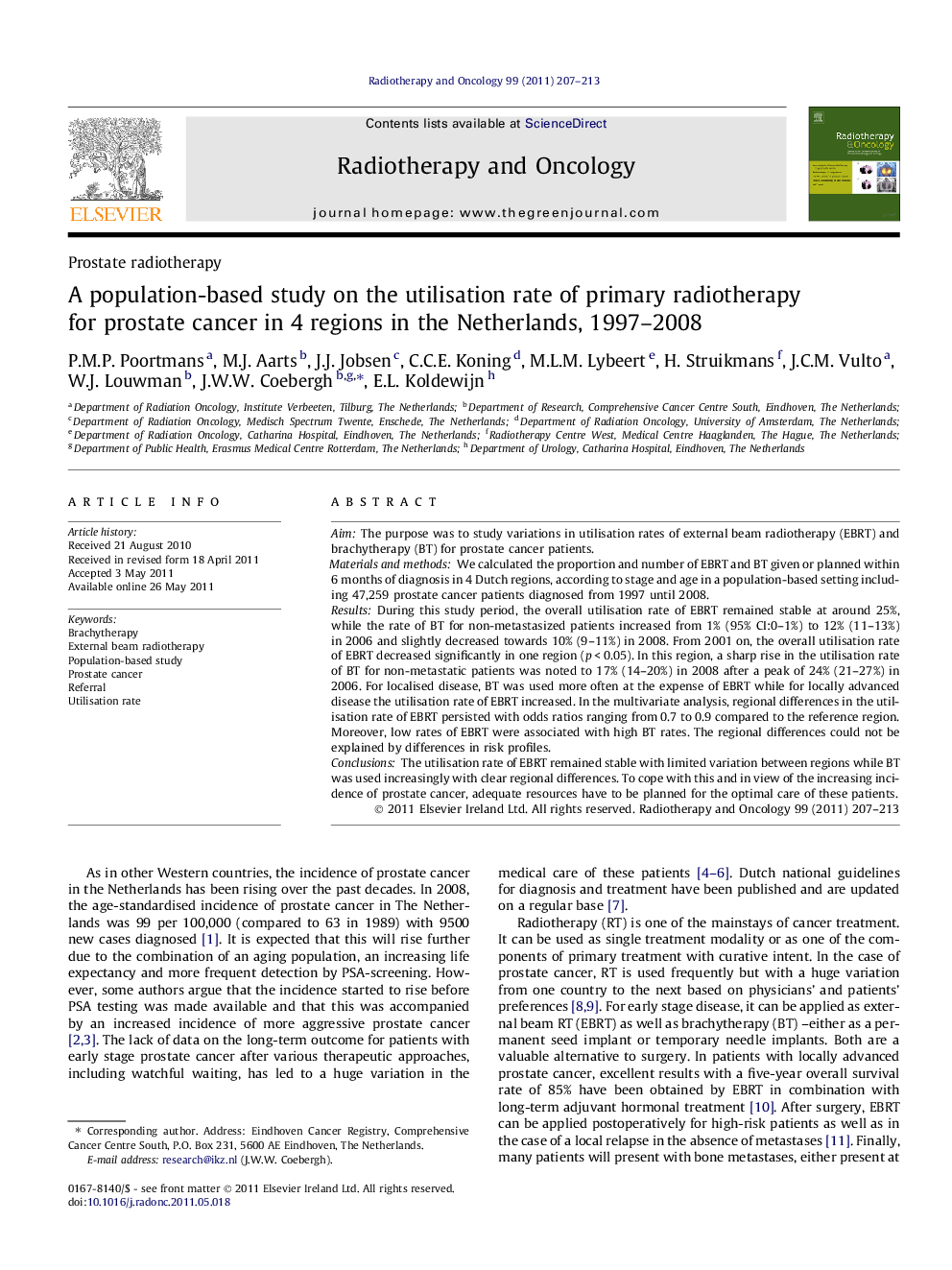 A population-based study on the utilisation rate of primary radiotherapy for prostate cancer in 4 regions in the Netherlands, 1997–2008