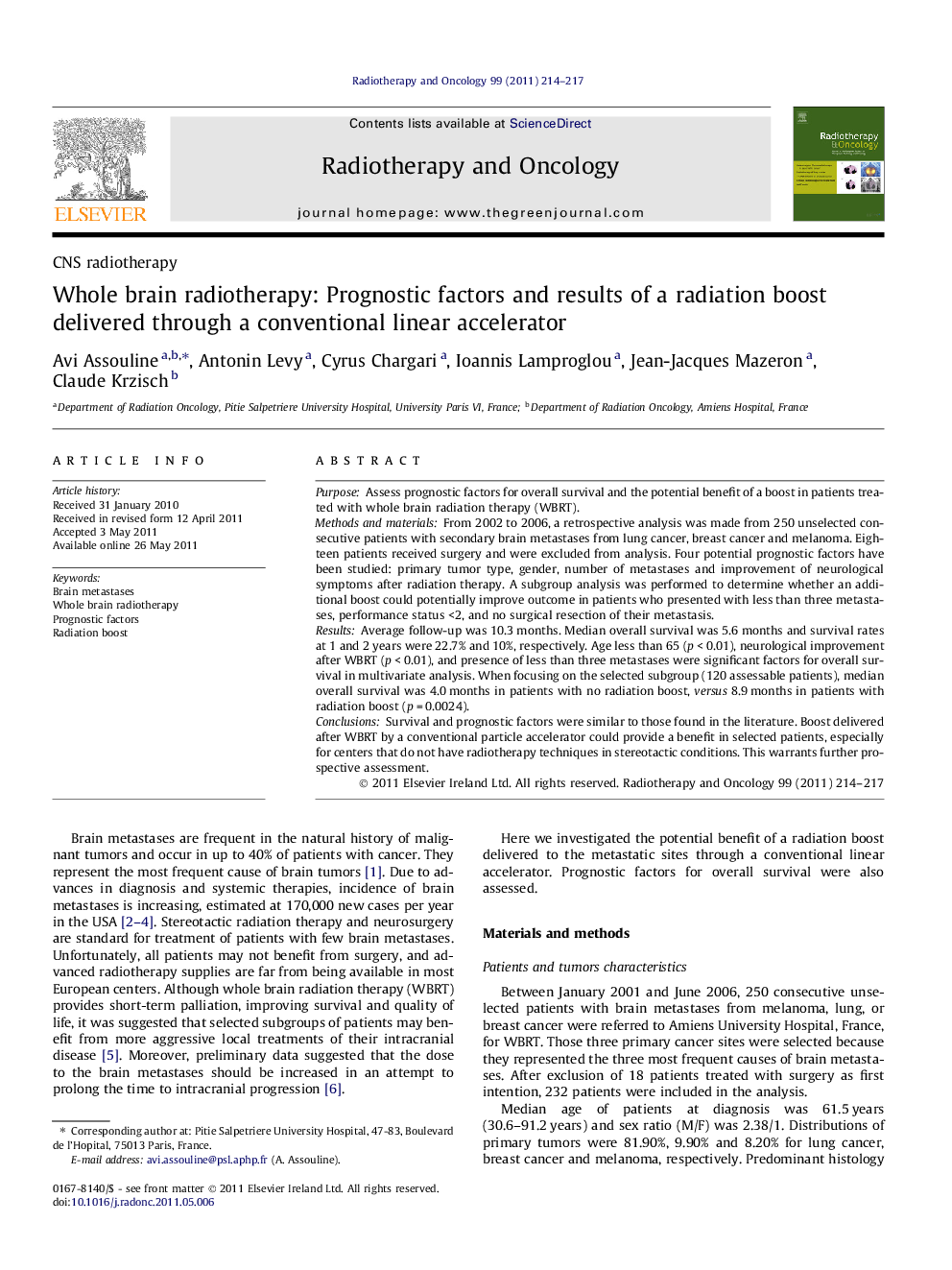 Whole brain radiotherapy: Prognostic factors and results of a radiation boost delivered through a conventional linear accelerator