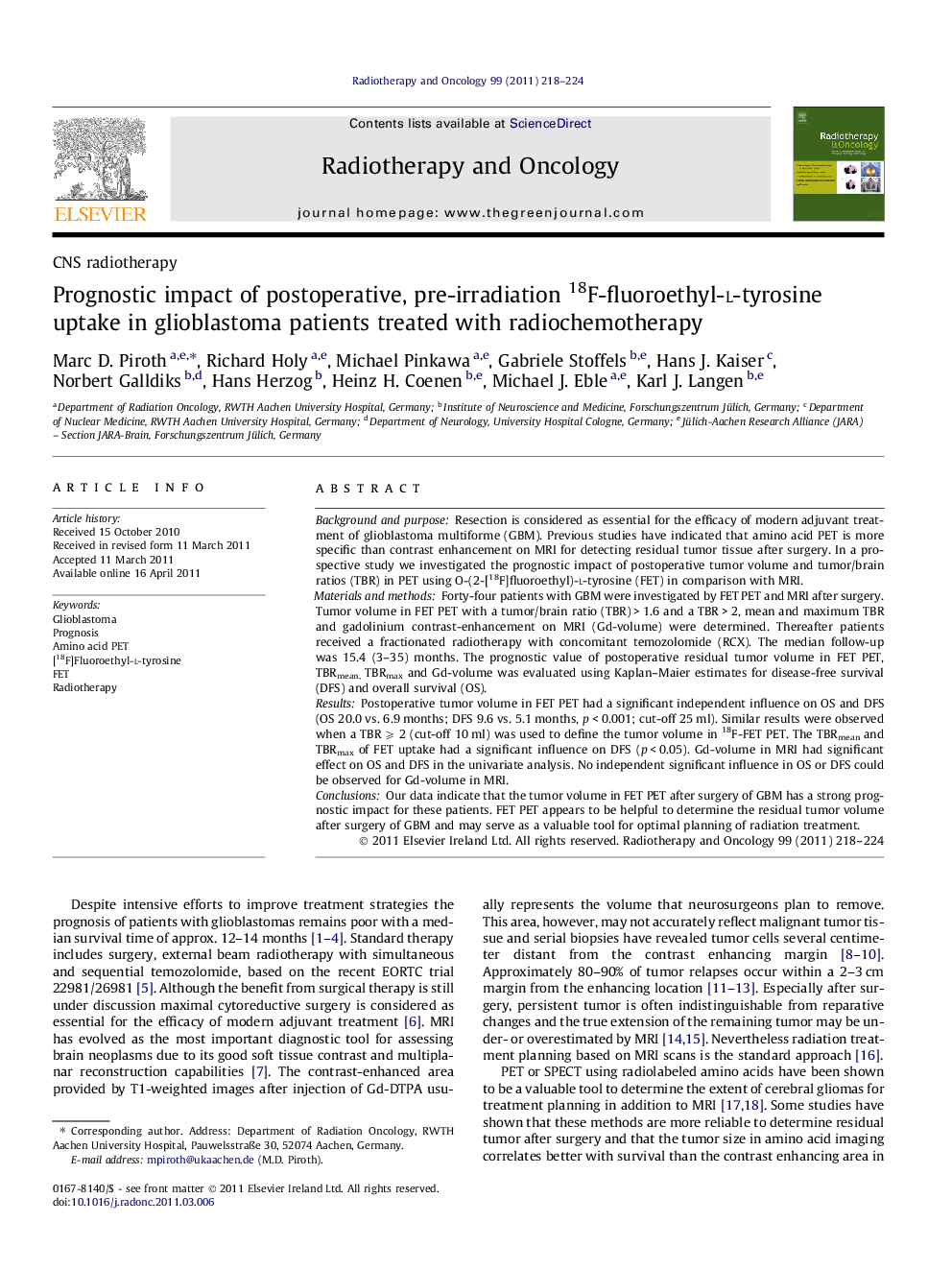 عکس صفحه اول مقاله: Prognostic impact of postoperative, pre-irradiation 18F-fluoroethyl-l-tyrosine uptake in glioblastoma patients treated with radiochemotherapy Prognostic impact of postoperative, pre-irradiation 18F-fluoroethyl-l-tyrosine uptake in glioblastoma patients treated with radiochemotherapy