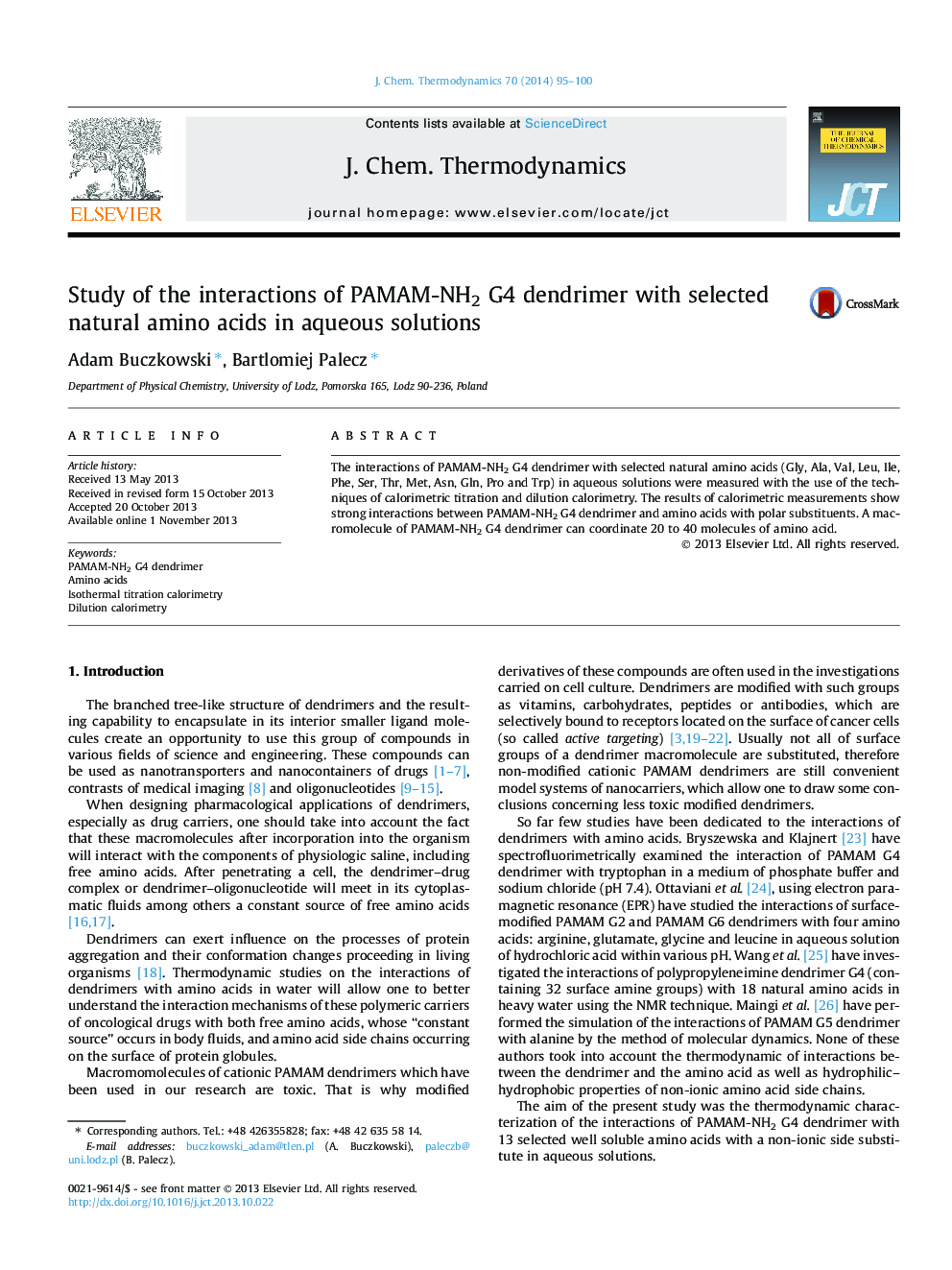 عکس صفحه اول مقاله: Study of the interactions of PAMAM-NH2 G4 dendrimer with selected natural amino acids in aqueous solutions Study of the interactions of PAMAM-NH2 G4 dendrimer with selected natural amino acids in aqueous solutions