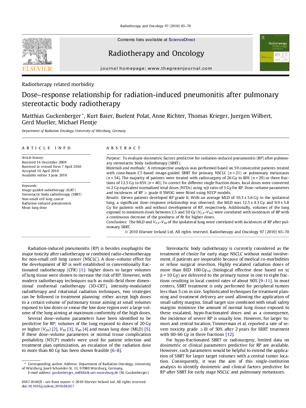 Dose–response relationship for radiation-induced pneumonitis after pulmonary stereotactic body radiotherapy