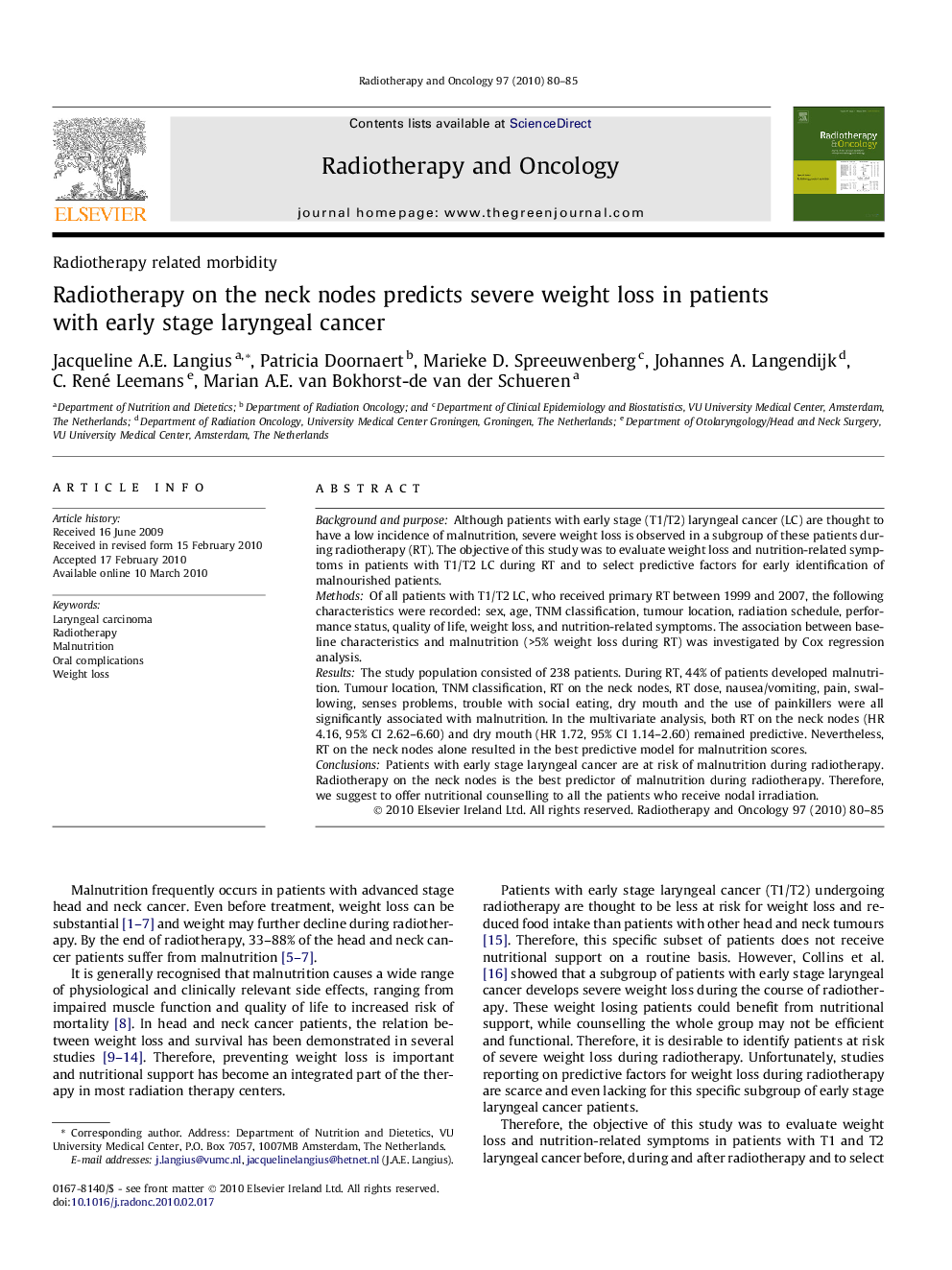 Radiotherapy on the neck nodes predicts severe weight loss in patients with early stage laryngeal cancer