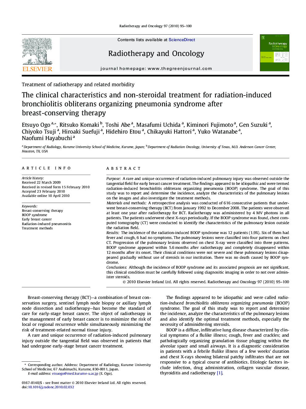 The clinical characteristics and non-steroidal treatment for radiation-induced bronchiolitis obliterans organizing pneumonia syndrome after breast-conserving therapy