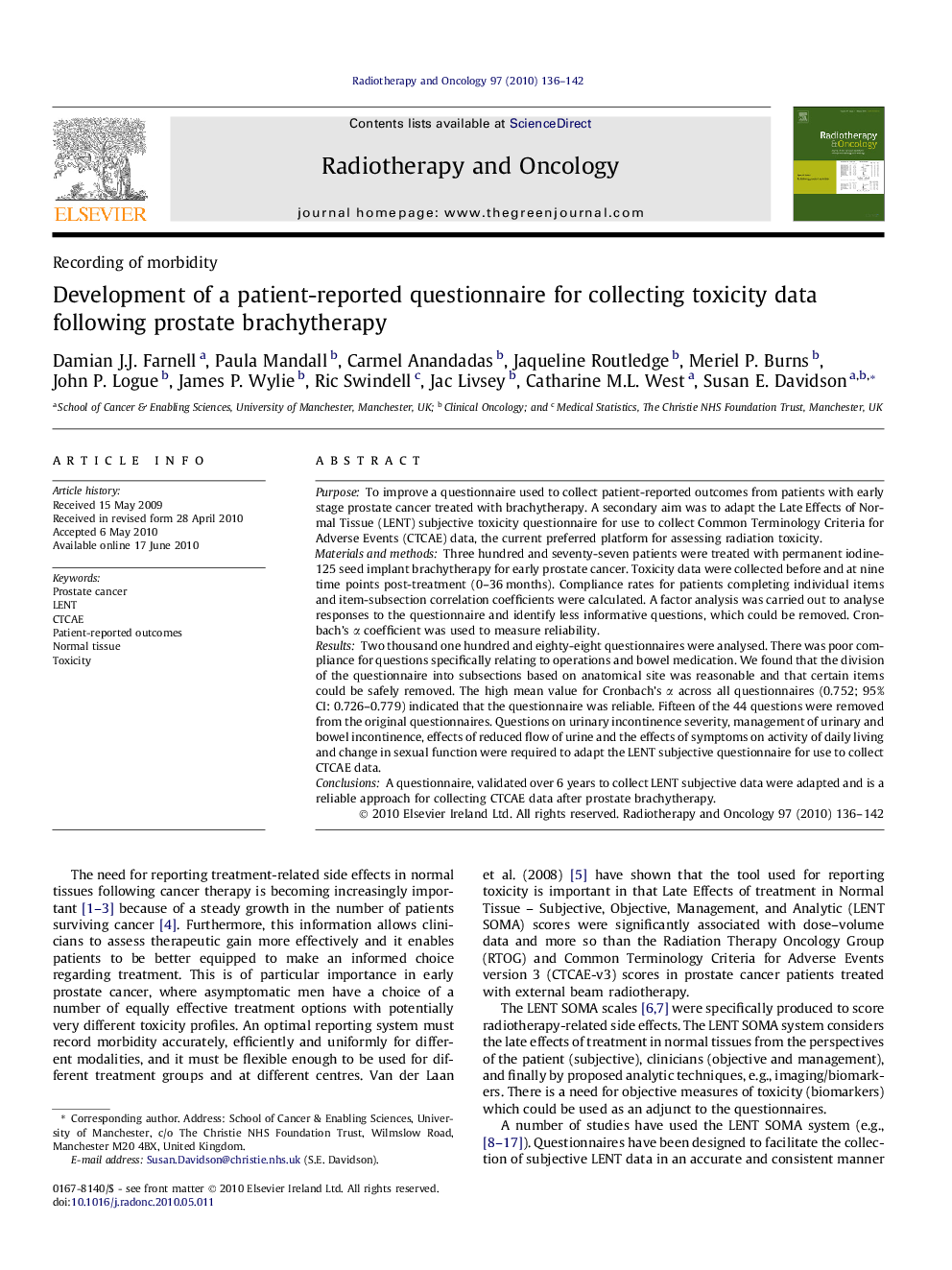 Development of a patient-reported questionnaire for collecting toxicity data following prostate brachytherapy