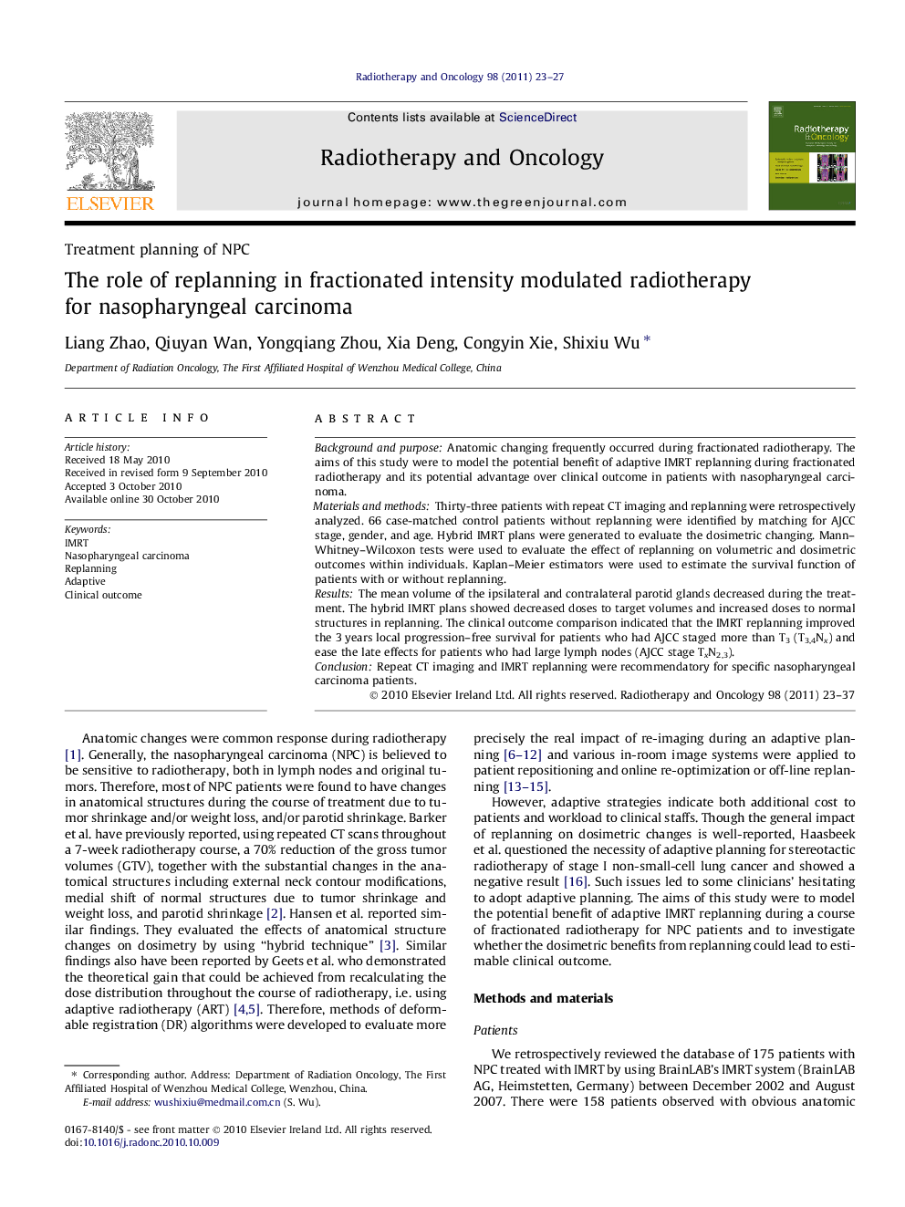 The role of replanning in fractionated intensity modulated radiotherapy for nasopharyngeal carcinoma