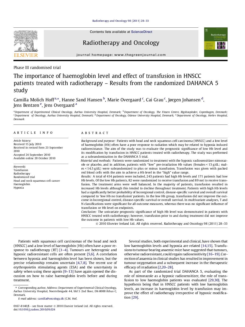 The importance of haemoglobin level and effect of transfusion in HNSCC patients treated with radiotherapy – Results from the randomized DAHANCA 5 study