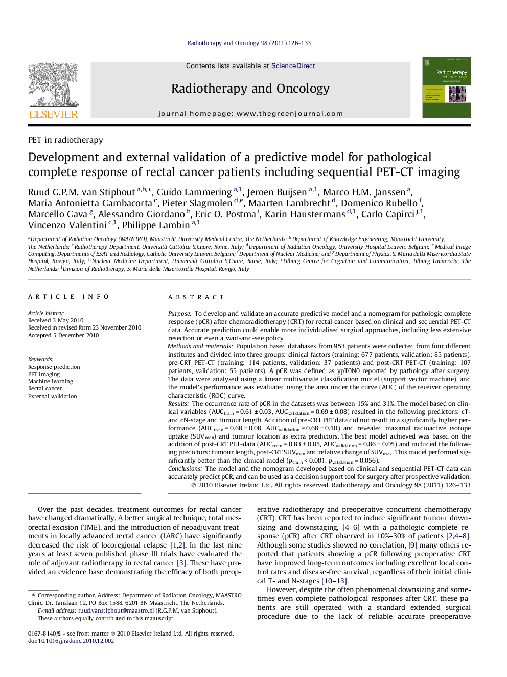 Development and external validation of a predictive model for pathological complete response of rectal cancer patients including sequential PET-CT imaging