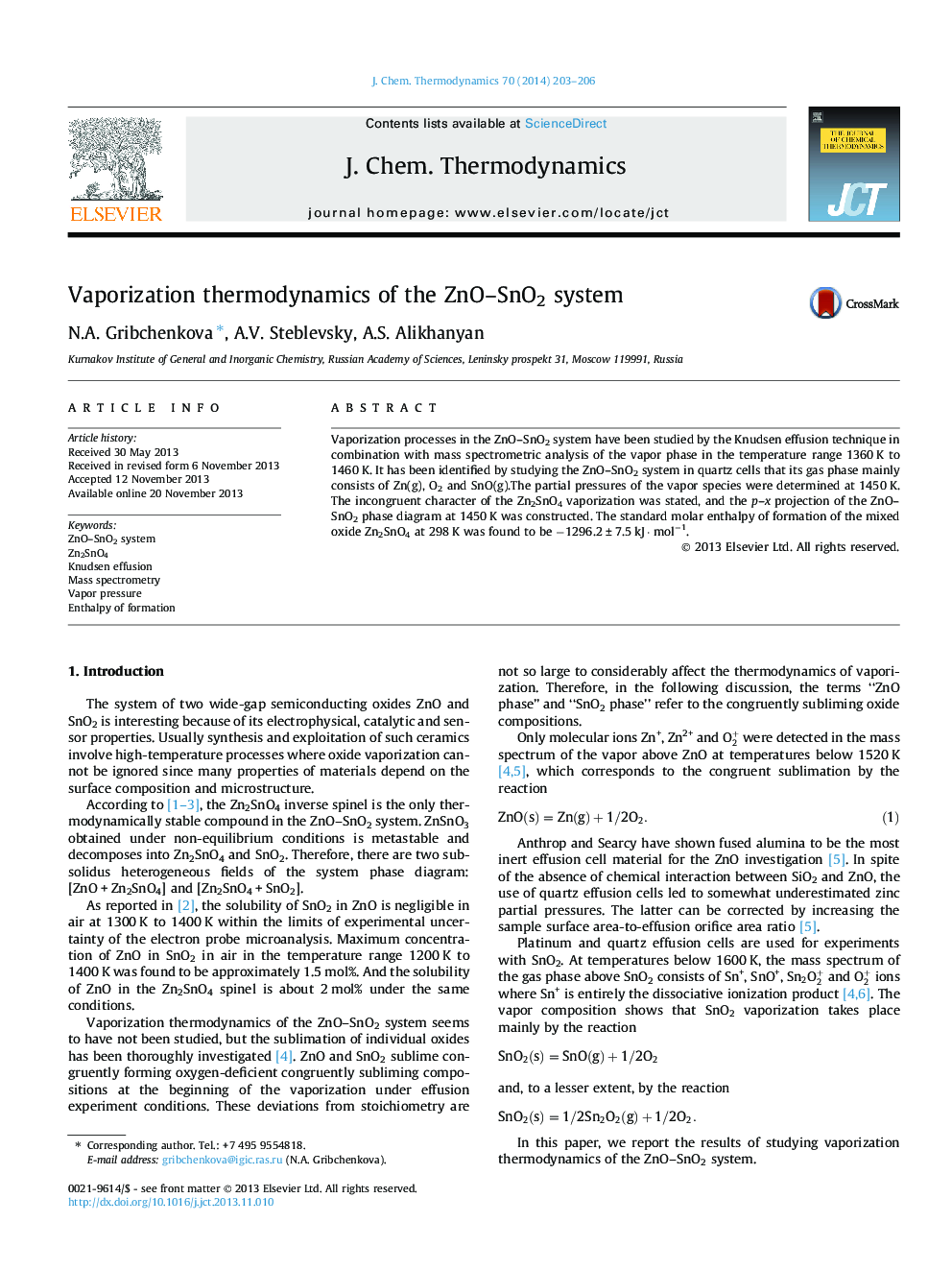 عکس صفحه اول مقاله: Vaporization thermodynamics of the ZnO–SnO2 system Vaporization thermodynamics of the ZnO–SnO2 system