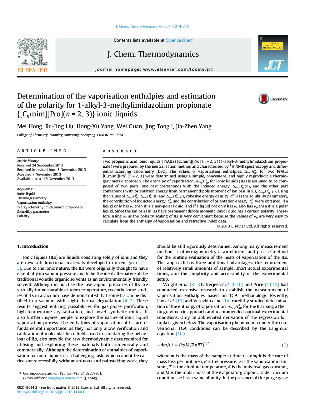 Determination of the vaporisation enthalpies and estimation of the polarity for 1-alkyl-3-methylimidazolium propionate {[Cnmim][Pro](n = 2, 3)} ionic liquids