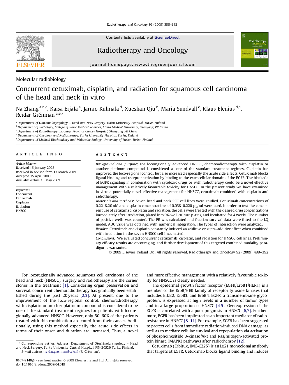 Concurrent cetuximab, cisplatin, and radiation for squamous cell carcinoma of the head and neck in vitro