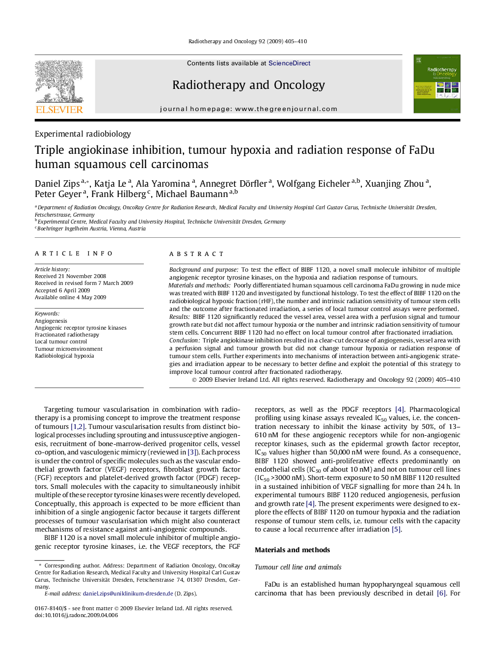 Triple angiokinase inhibition, tumour hypoxia and radiation response of FaDu human squamous cell carcinomas