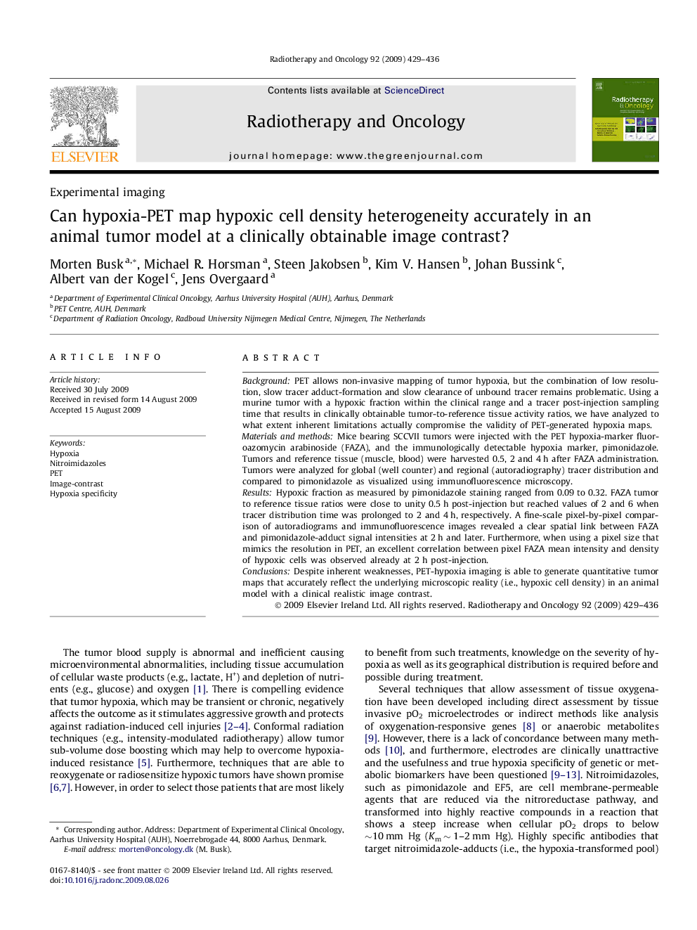 Can hypoxia-PET map hypoxic cell density heterogeneity accurately in an animal tumor model at a clinically obtainable image contrast?