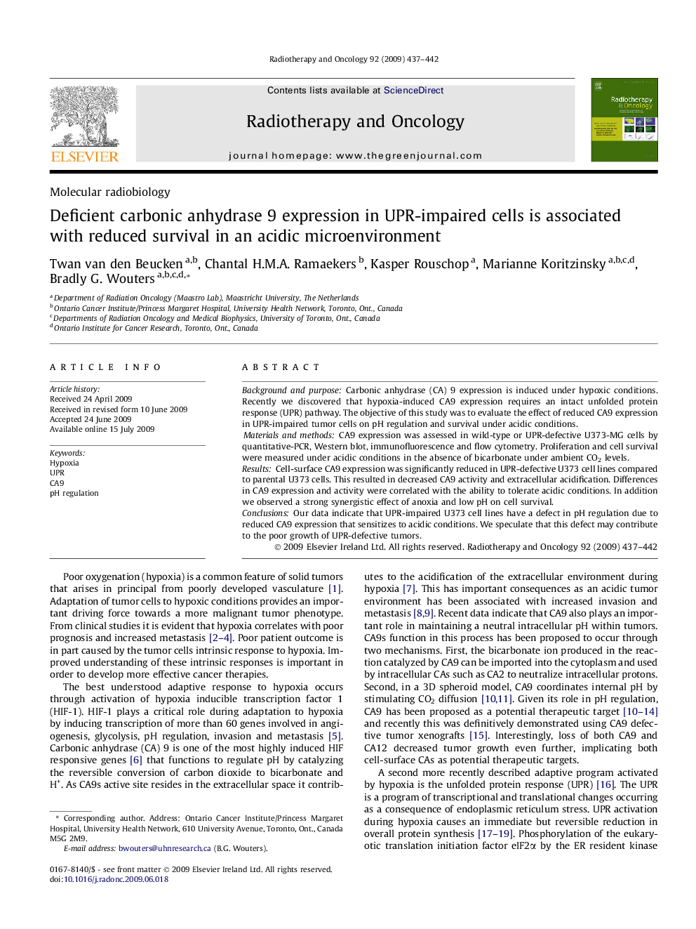 Deficient carbonic anhydrase 9 expression in UPR-impaired cells is associated with reduced survival in an acidic microenvironment