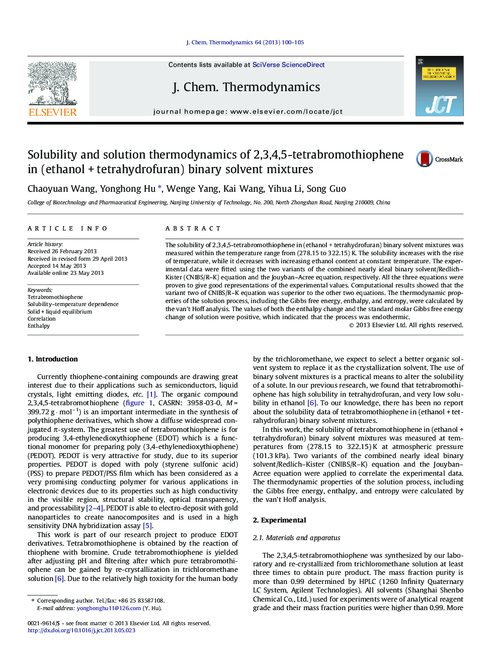 Solubility and solution thermodynamics of 2,3,4,5-tetrabromothiophene in (ethanol + tetrahydrofuran) binary solvent mixtures