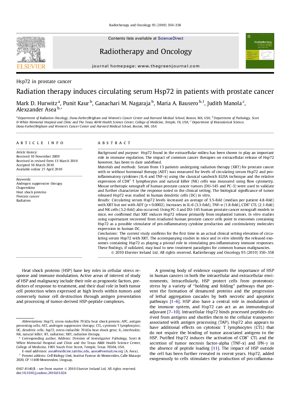 Radiation therapy induces circulating serum Hsp72 in patients with prostate cancer