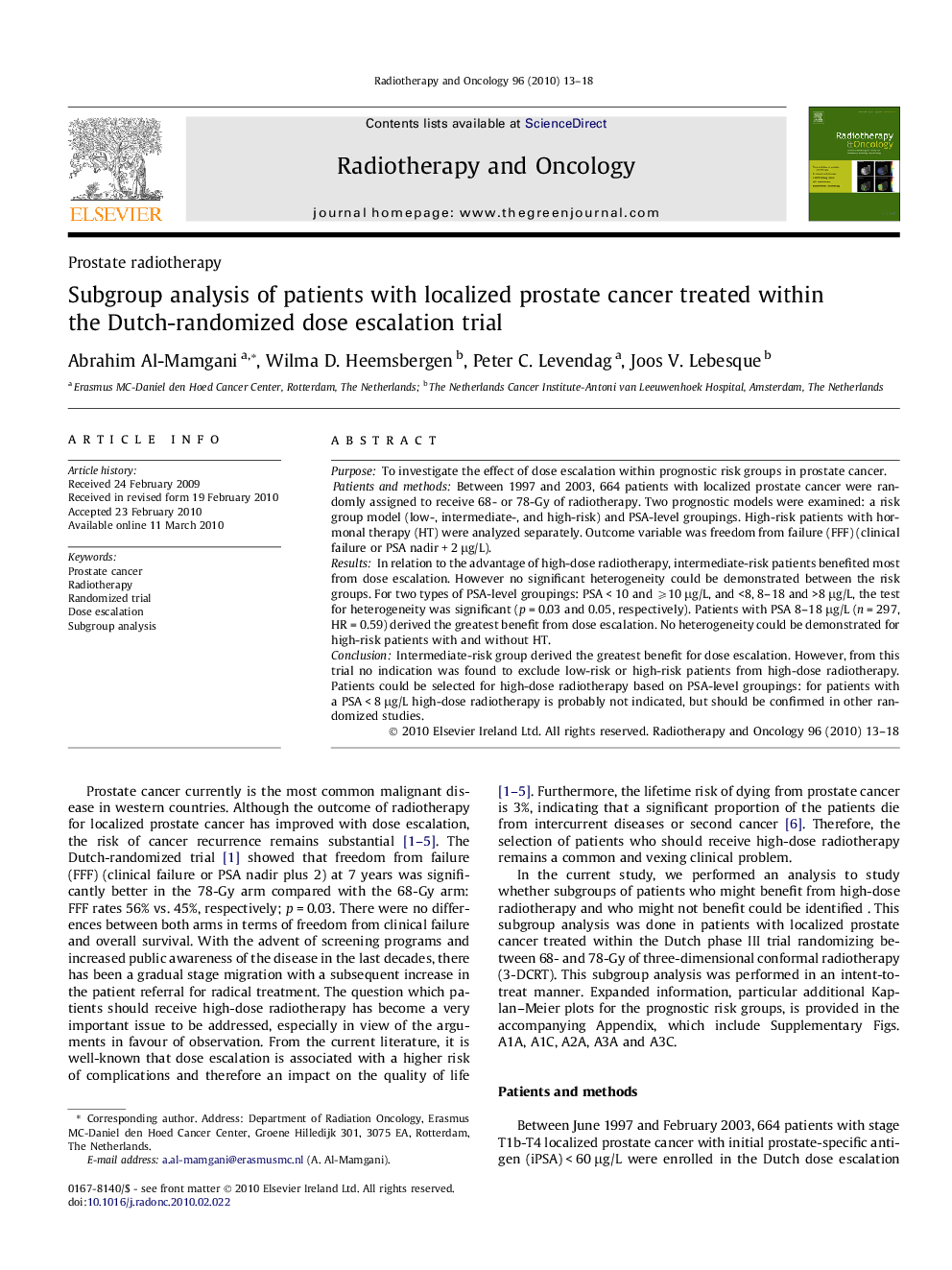 Subgroup analysis of patients with localized prostate cancer treated within the Dutch-randomized dose escalation trial