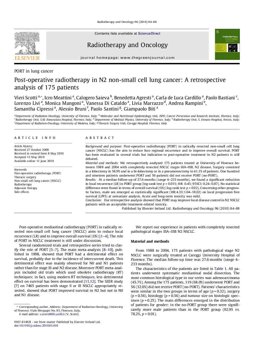 Post-operative radiotherapy in N2 non-small cell lung cancer: A retrospective analysis of 175 patients