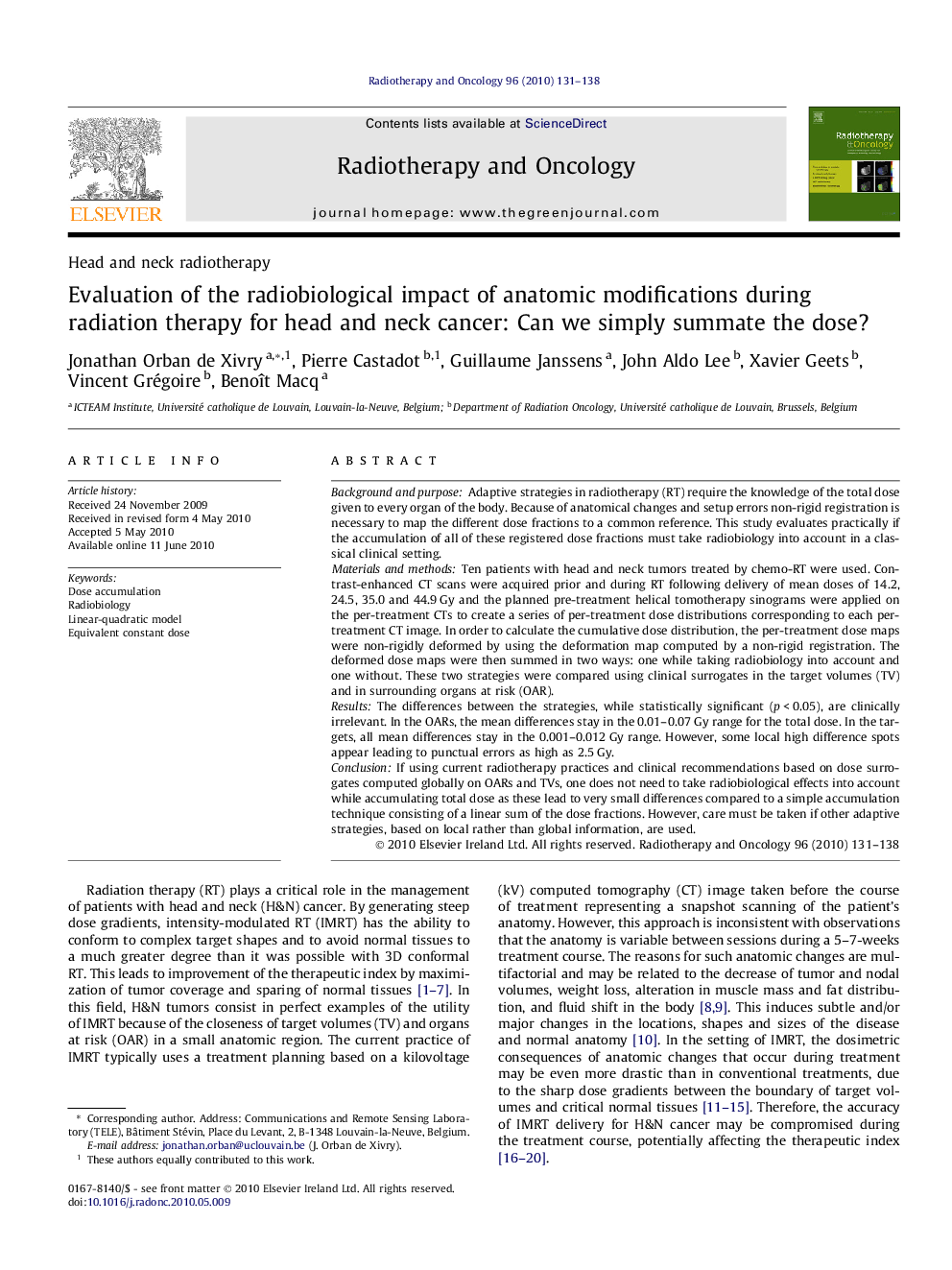 Evaluation of the radiobiological impact of anatomic modifications during radiation therapy for head and neck cancer: Can we simply summate the dose?