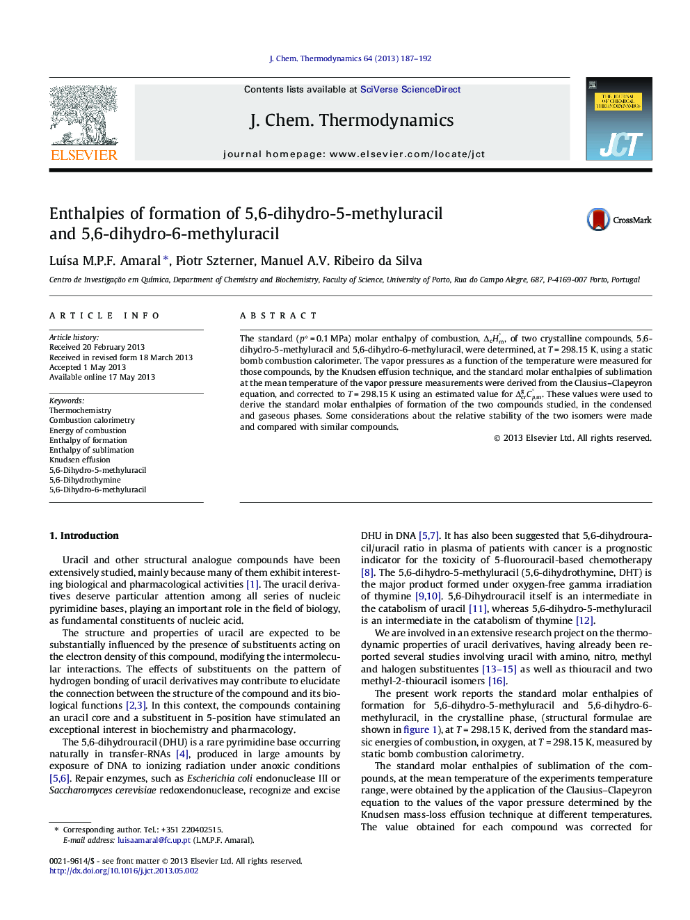 Enthalpies of formation of 5,6-dihydro-5-methyluracil and 5,6-dihydro-6-methyluracil