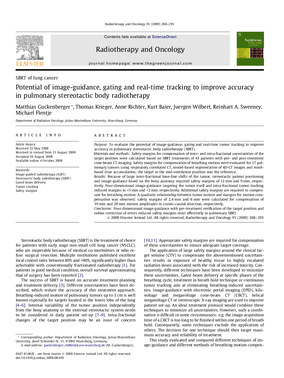 Potential of image-guidance, gating and real-time tracking to improve accuracy in pulmonary stereotactic body radiotherapy