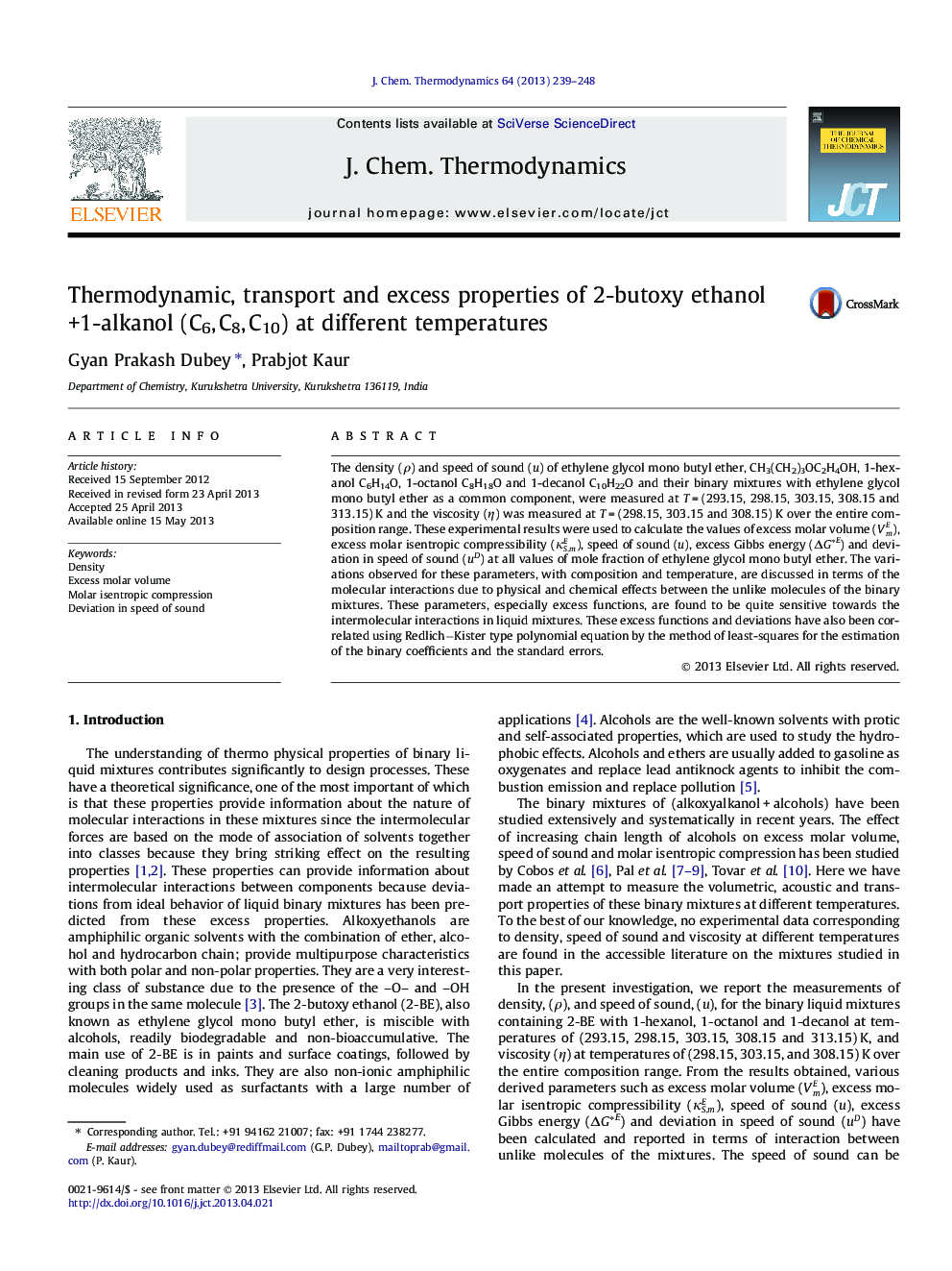 عکس صفحه اول مقاله: Thermodynamic, transport and excess properties of 2-butoxy ethanol +1-alkanol (C6, C8, C10) at different temperatures Thermodynamic, transport and excess properties of 2-butoxy ethanol +1-alkanol (C6, C8, C10) at different temperatures