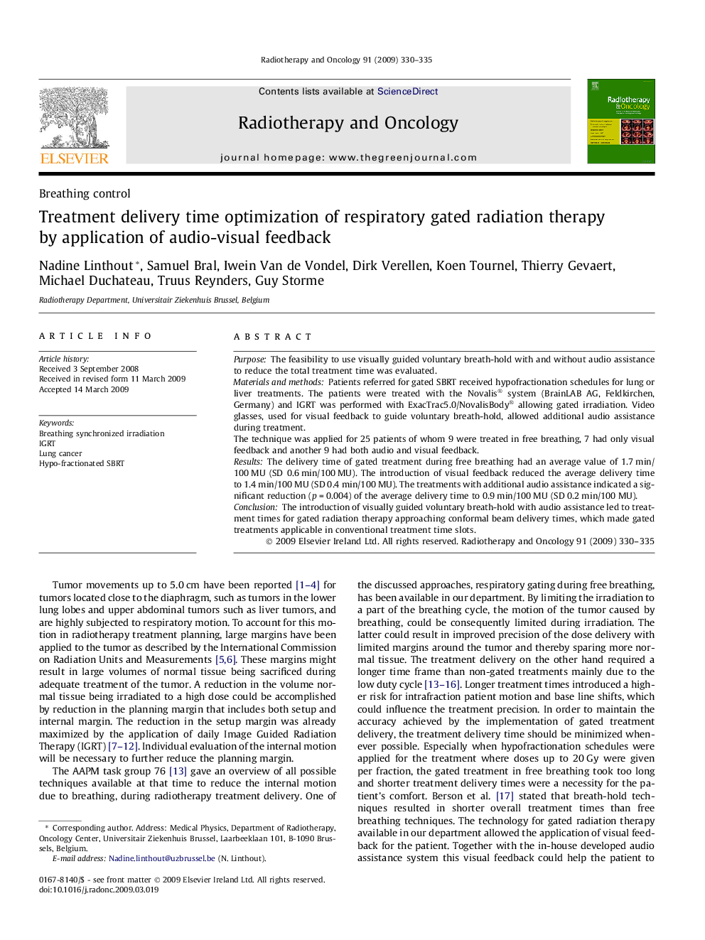 Treatment delivery time optimization of respiratory gated radiation therapy by application of audio-visual feedback