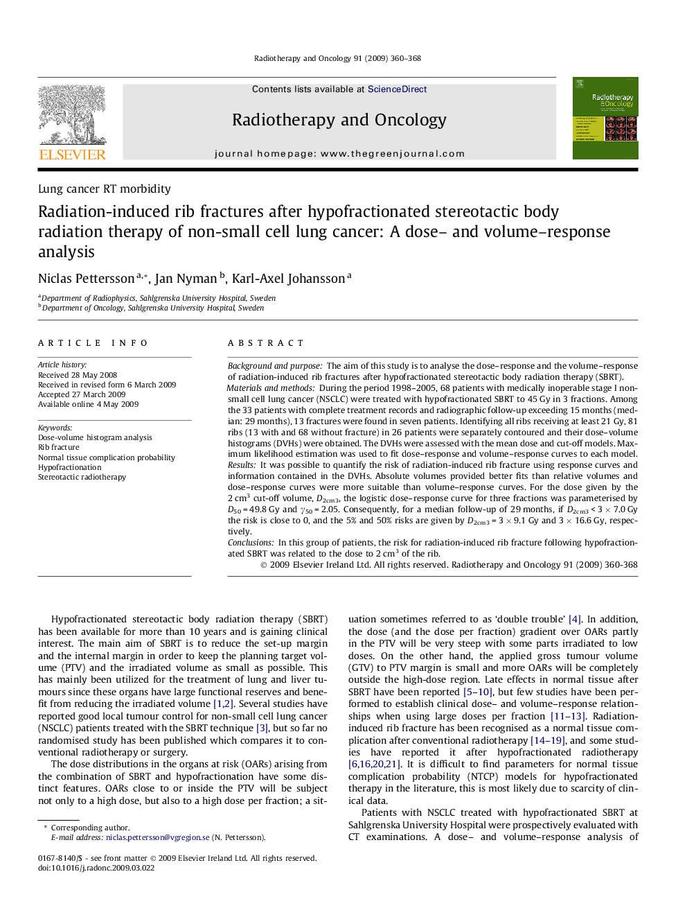 عکس صفحه اول مقاله: Radiation-induced rib fractures after hypofractionated stereotactic body radiation therapy of non-small cell lung cancer: A dose– and volume–response analysis Radiation-induced rib fractures after hypofractionated stereotactic body radiation therapy of non-small cell lung cancer: A dose– and volume–response analysis