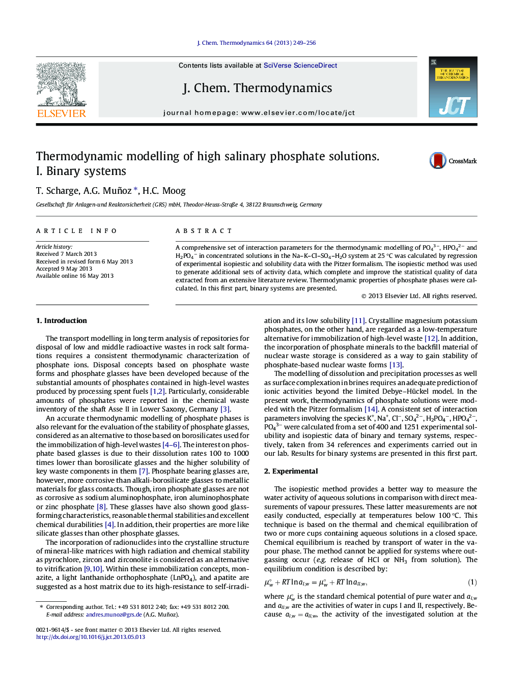 عکس صفحه اول مقاله: Thermodynamic modelling of high salinary phosphate solutions. I. Binary systems Thermodynamic modelling of high salinary phosphate solutions. I. Binary systems