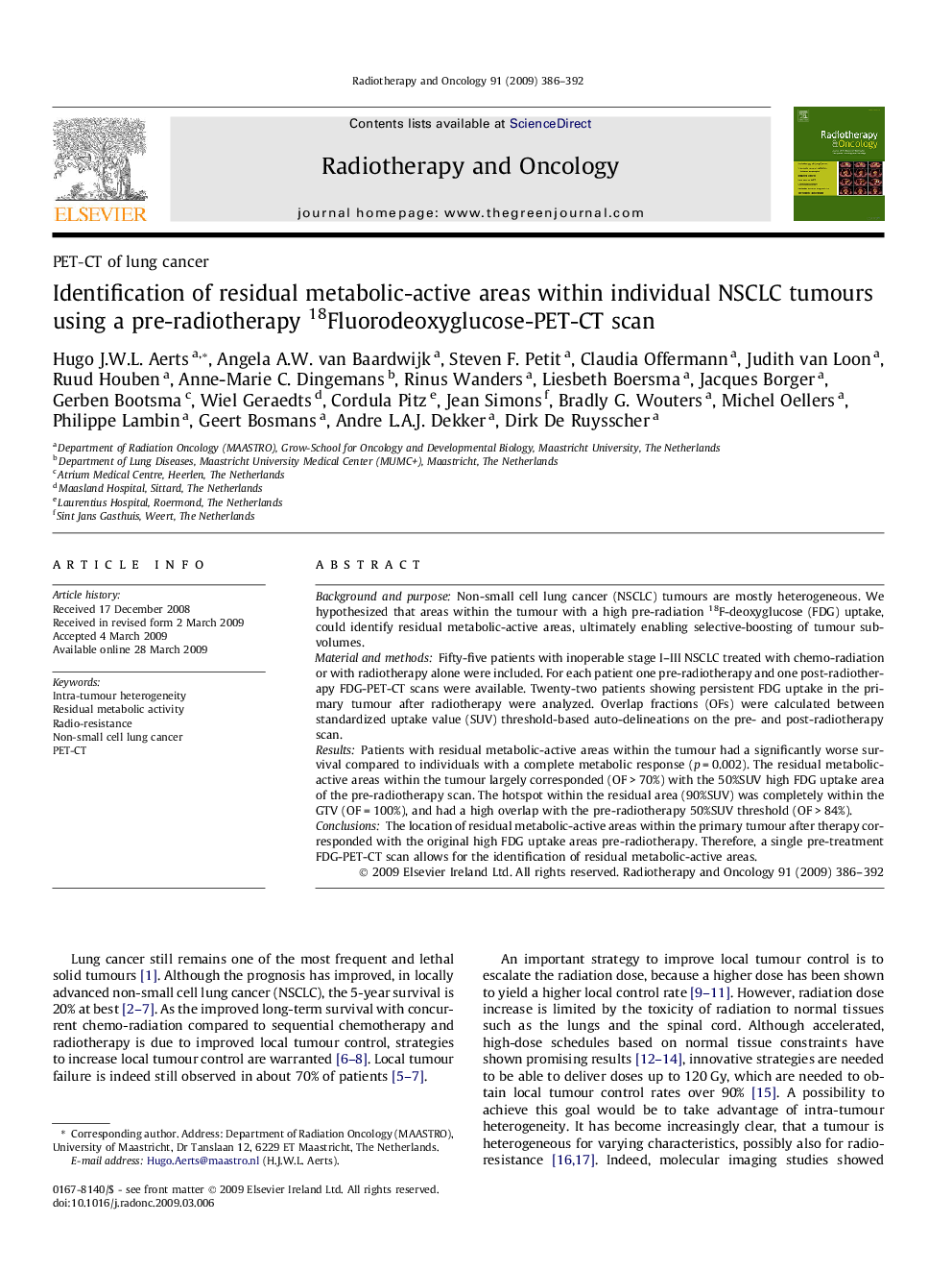 Identification of residual metabolic-active areas within individual NSCLC tumours using a pre-radiotherapy 18Fluorodeoxyglucose-PET-CT scan