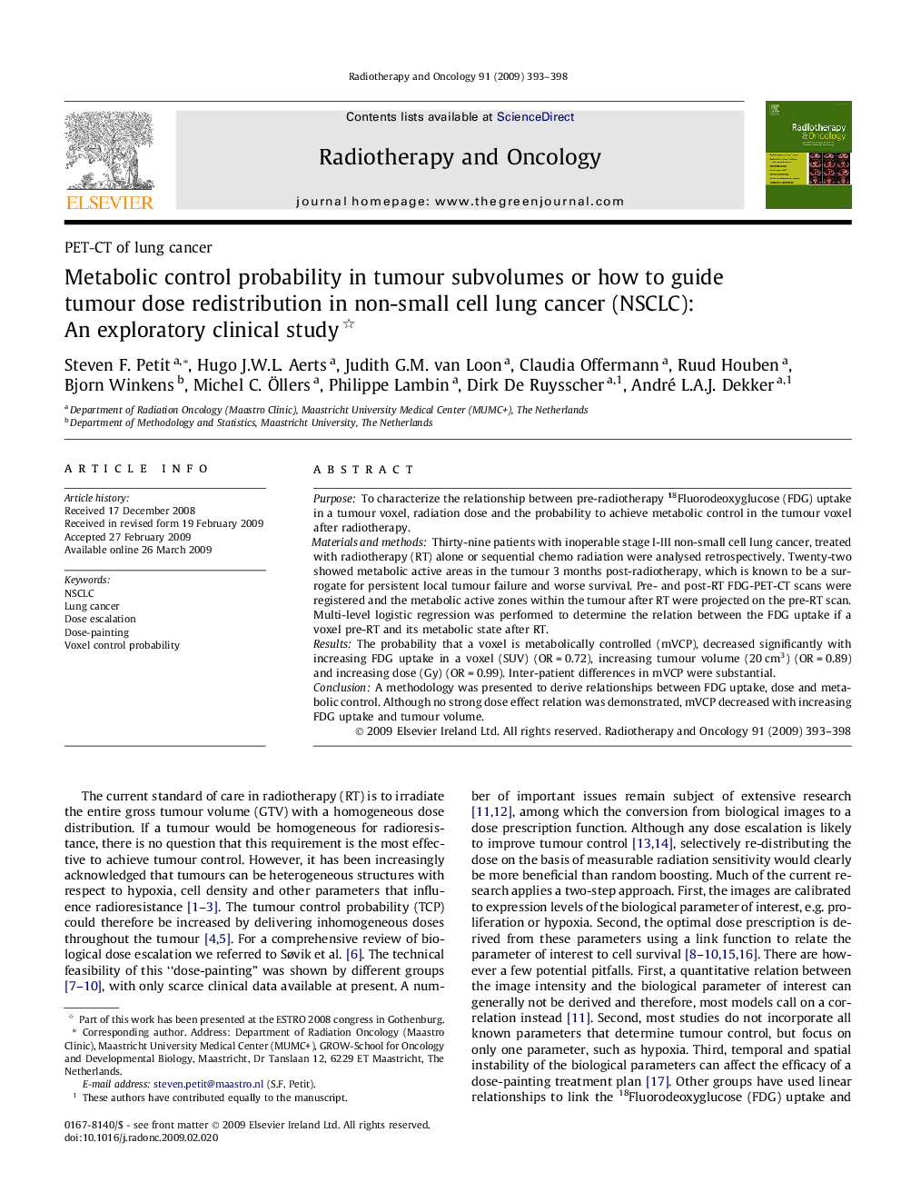 عکس صفحه اول مقاله: Metabolic control probability in tumour subvolumes or how to guide tumour dose redistribution in non-small cell lung cancer (NSCLC): An exploratory clinical study Metabolic control probability in tumour subvolumes or how to guide tumour dose redistribution in non-small cell lung cancer (NSCLC): An exploratory clinical study