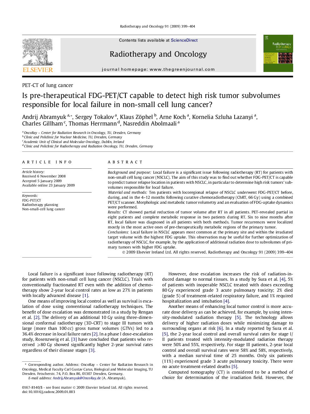 عکس صفحه اول مقاله: Is pre-therapeutical FDG-PET/CT capable to detect high risk tumor subvolumes responsible for local failure in non-small cell lung cancer? Is pre-therapeutical FDG-PET/CT capable to detect high risk tumor subvolumes responsible for local failure in non-small cell lung cancer?